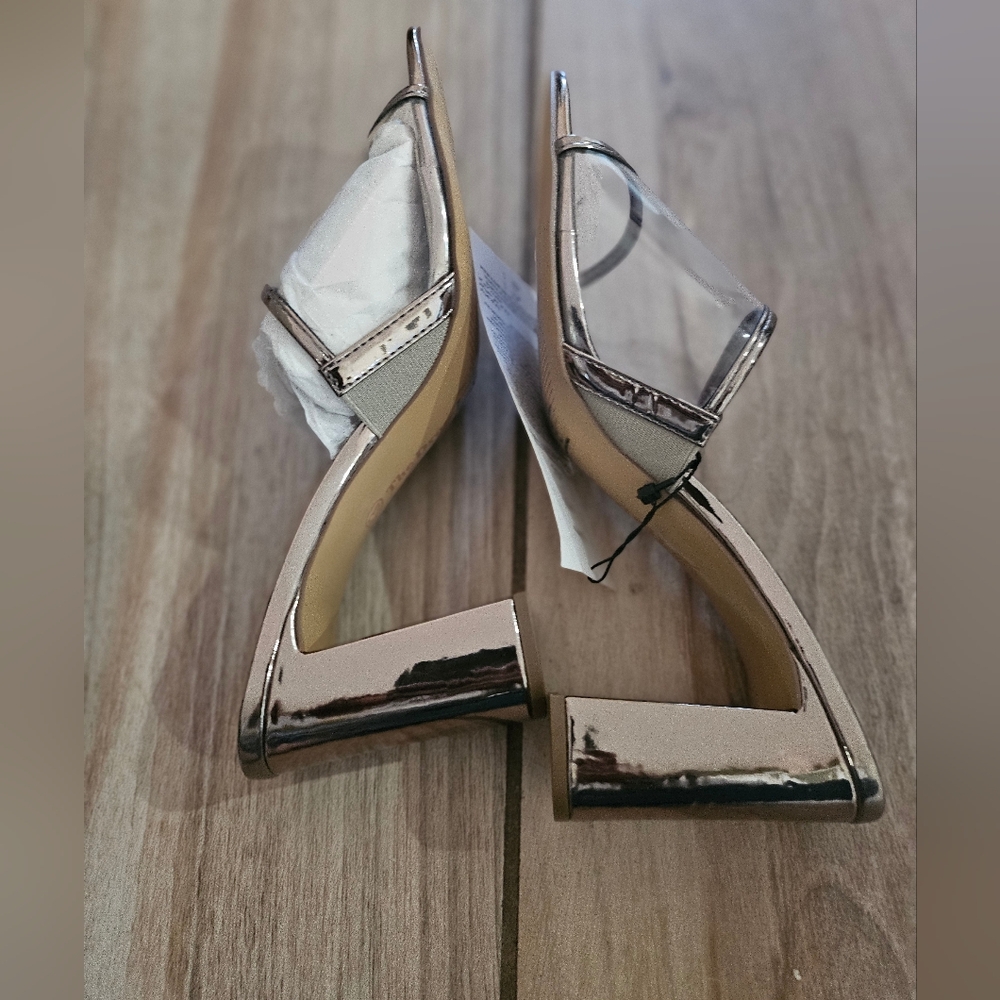 The Drop Clear Strap Block Heel Sandals Sz 10 Pewter Metallic Square Toe Mule. - Picture 6 of 10